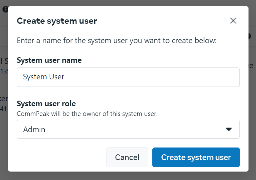 Screenshot of the **Create system user** dialog