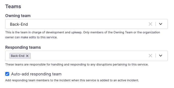 Teams settings in a Service or Functionality