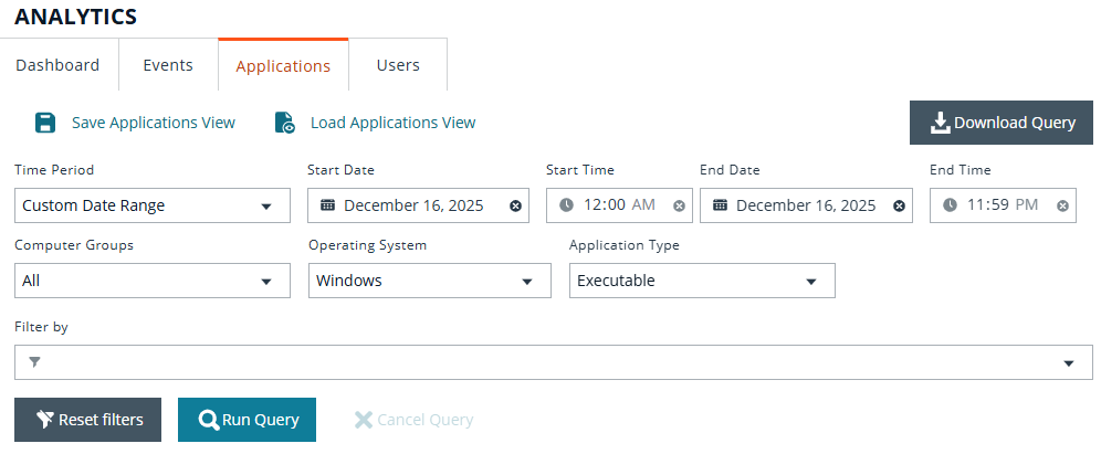 Custom date range settings available on the Applications tab