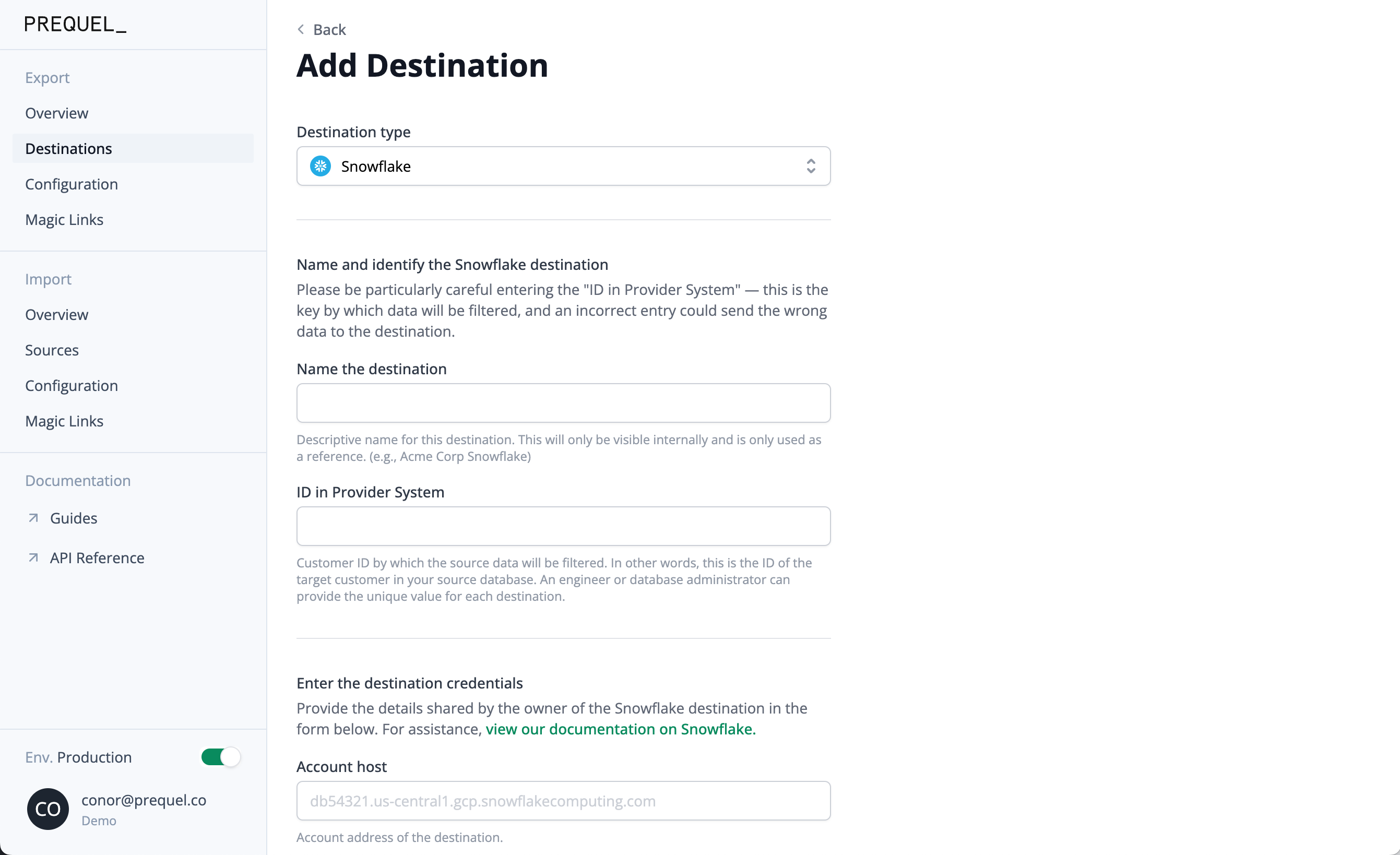 "Add Destination" flow in Admin UI