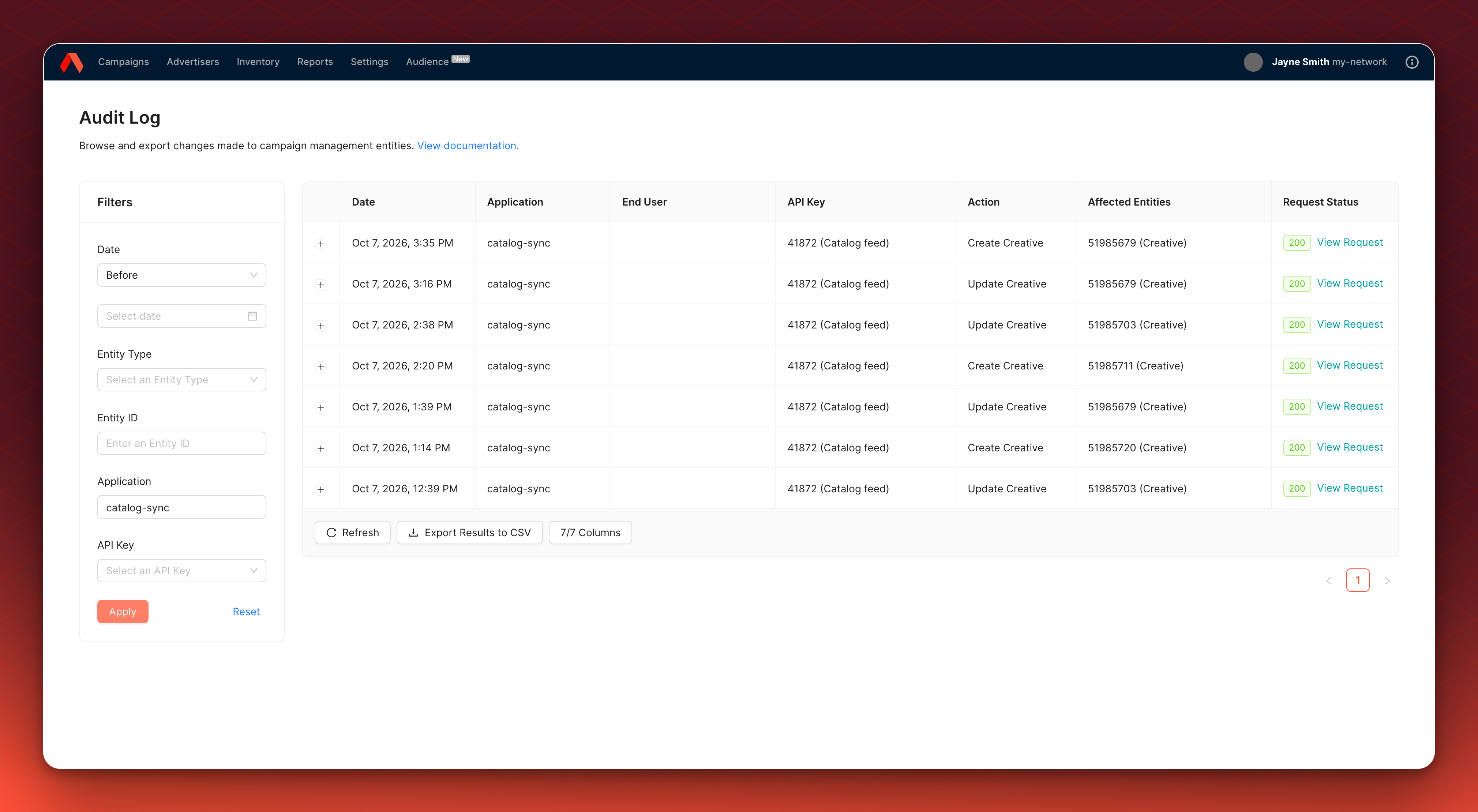 The Audit Log filtered with the Application filter to show only changes from the catalog-sync application.