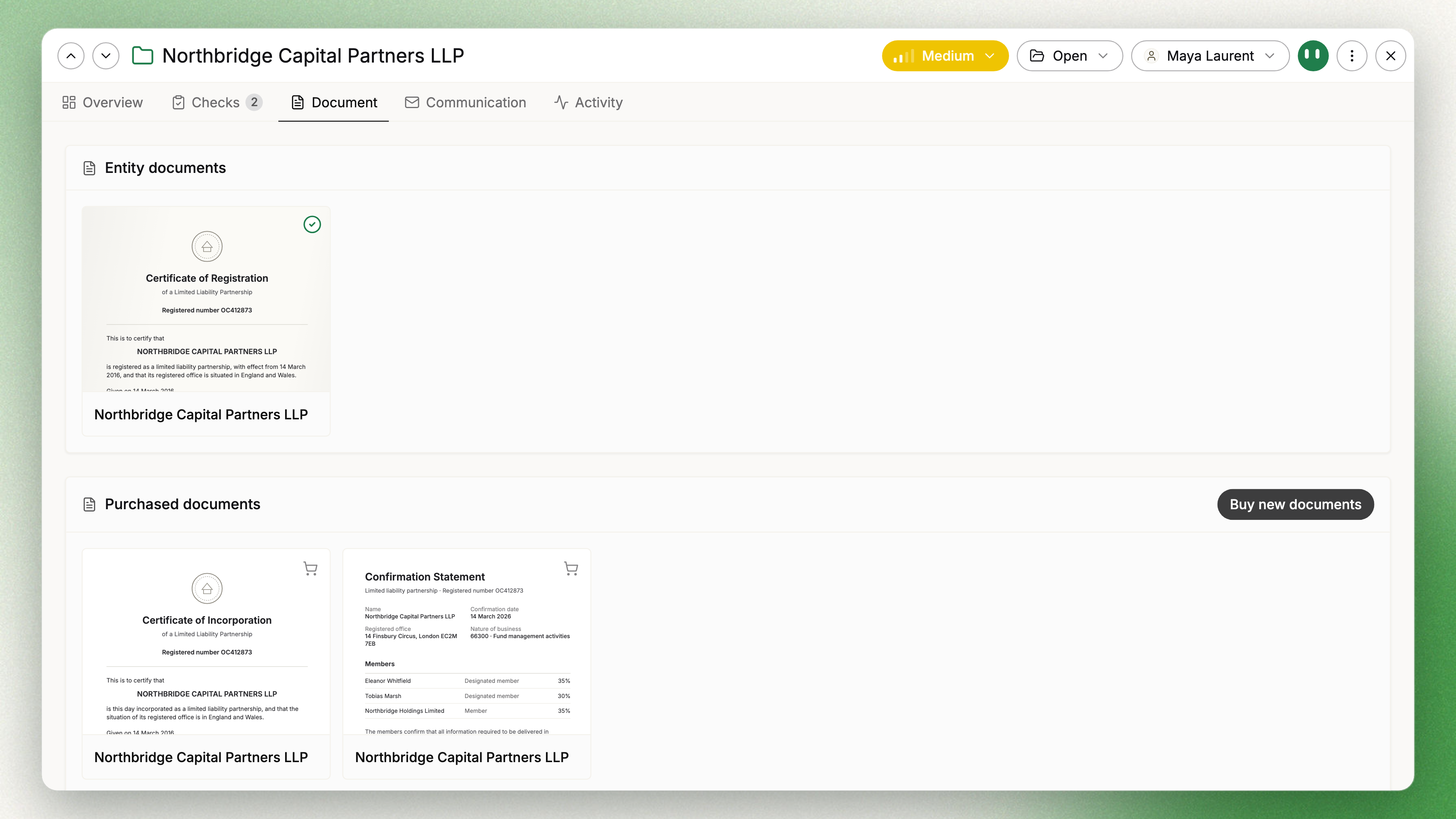 The Document tab: provided and purchased documents