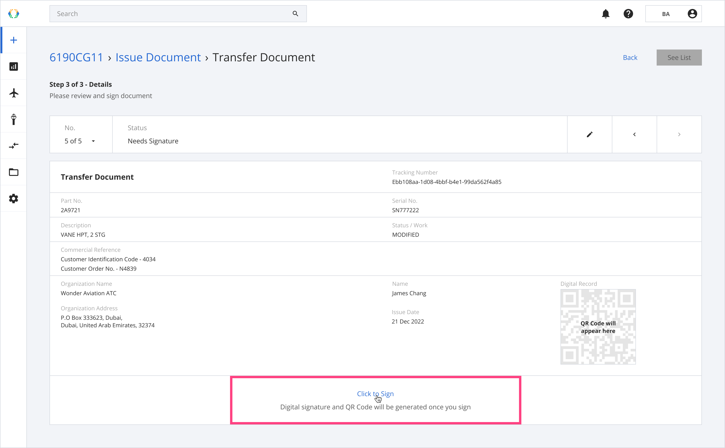 Transfer document example