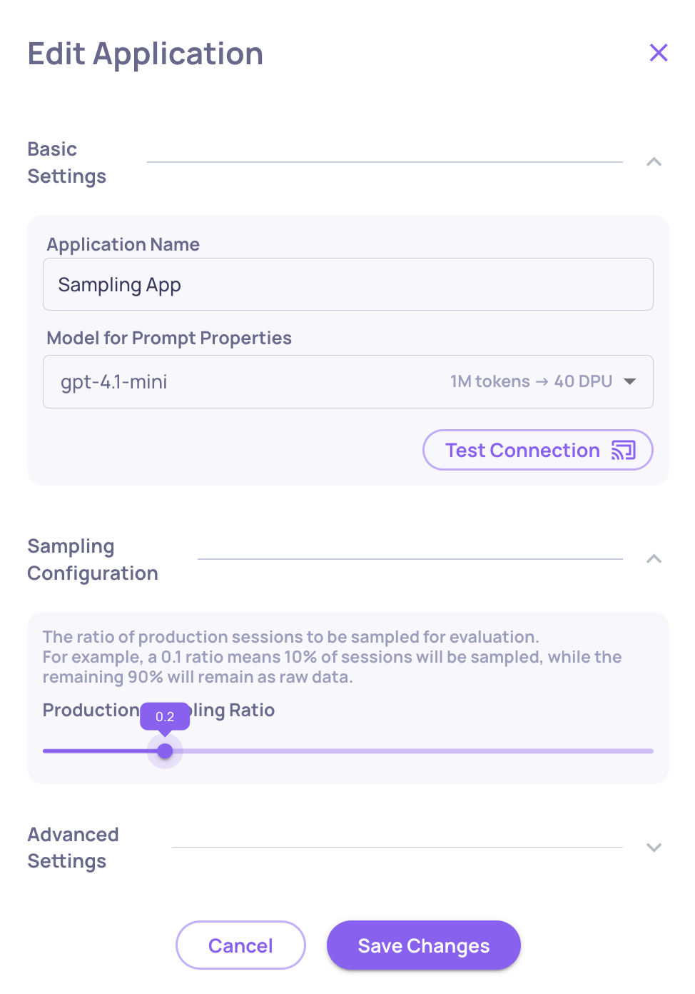 Setting the Sampling Ratio at 0.2; "Save Changes" Must Be Clicked For the Ratio to Be Applied