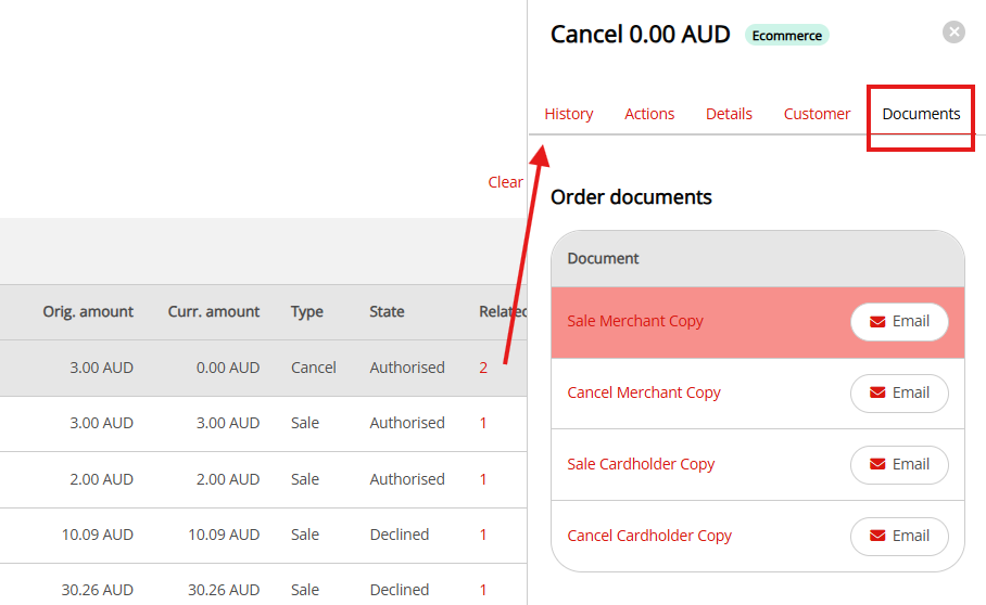 Details panel on the transaction showing the Documents tab with available receipts