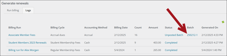 Selecting the batch link