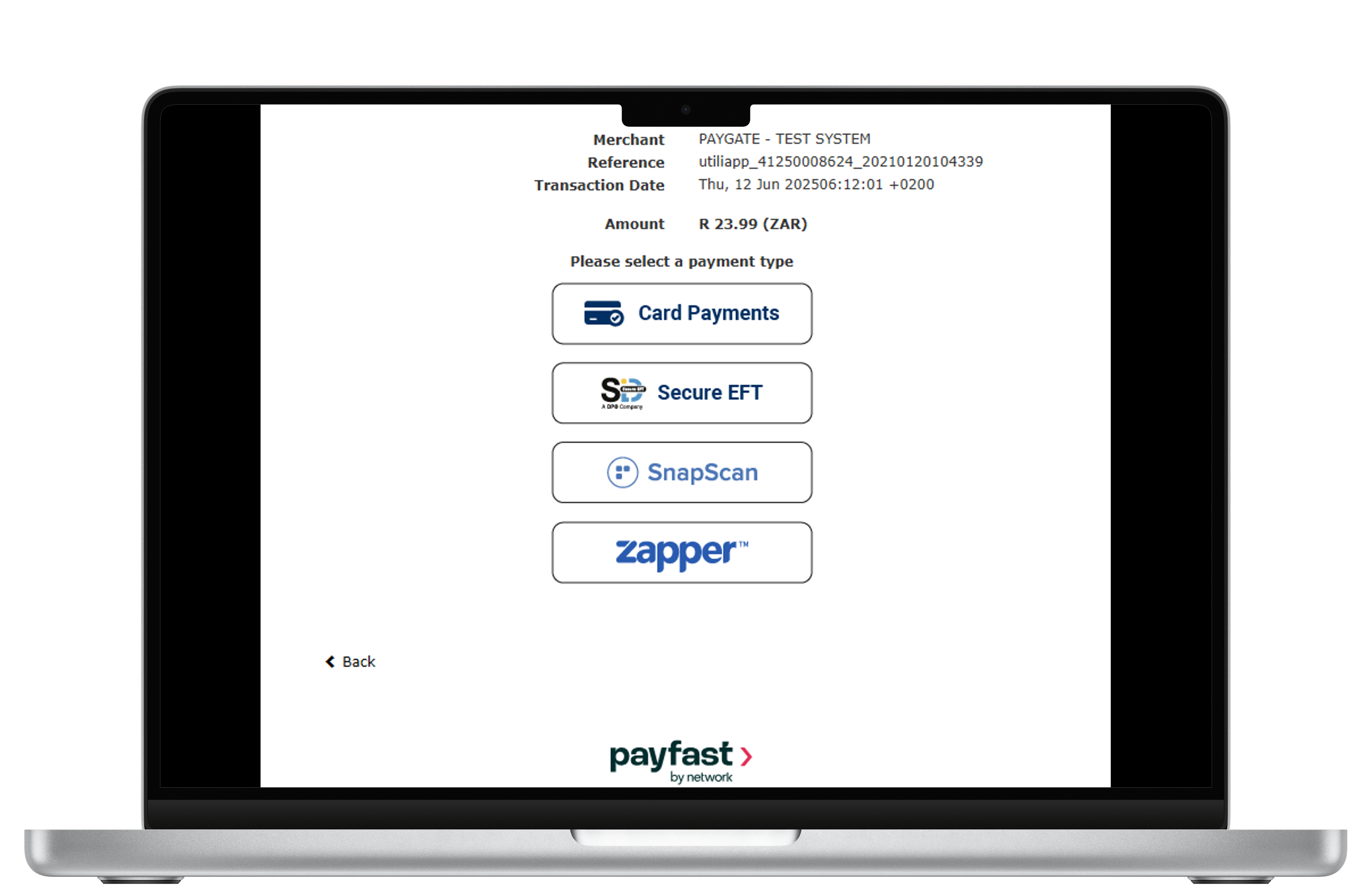 The screenshot displays the paygate hosted payment page, with no coding required by the Merchant for implementation. A list of payment options are displayed, offered by the Merchant.