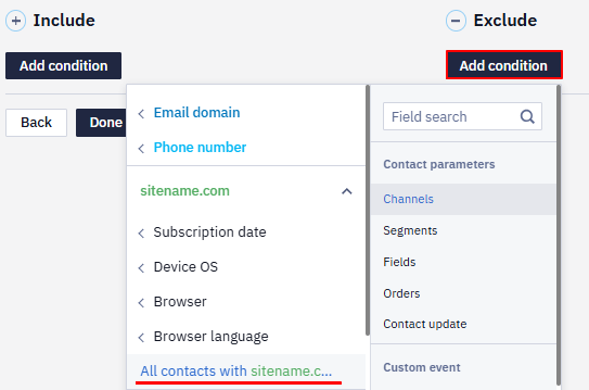 Exclude condition set to All contacts with sitename.com