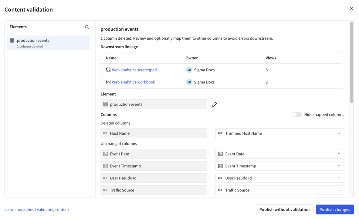 Content validation modal showing a production events element and a Deleted columns section listing the Host Name column, mapped to Trimmed Host Name. Other columns are shown under Unchanged columns and the downstream lineage shows a Web analytics scratchpad and a Web analytics workbook as affected documents.