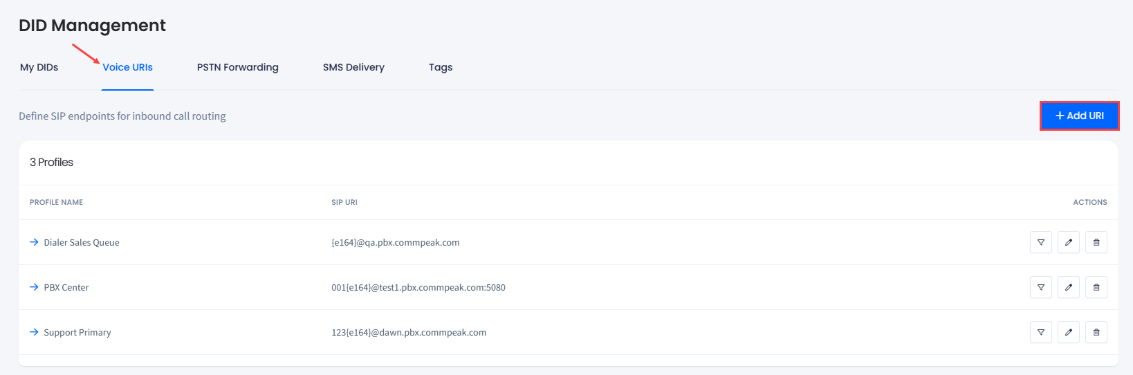 Screenshot of the Voice URI tab