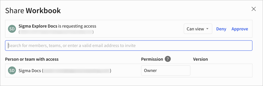 Share workbook modal with can view listed as the current permission of the user requesting access, and the caret to open the dropdown menu to change the permission highlighted