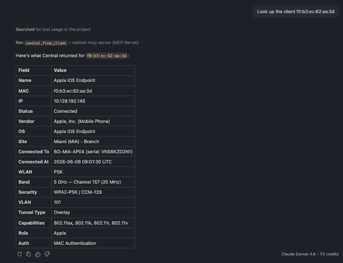A full single-client profile including device type, AP, WLAN, band, security, and VLAN