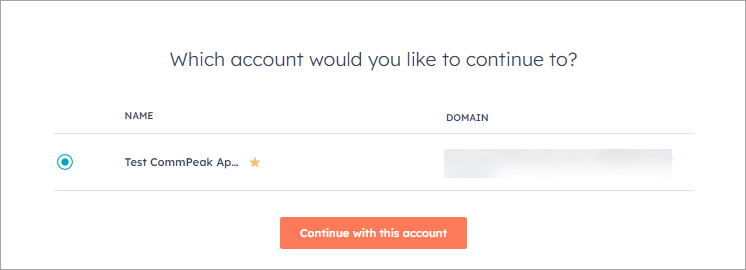 Screenshot with choosing HubSpot account