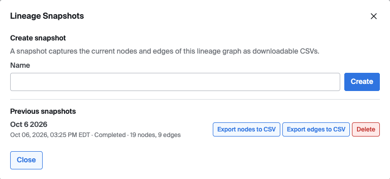 Snapshots modal with features to create a new snapshot and manage existing snapshots