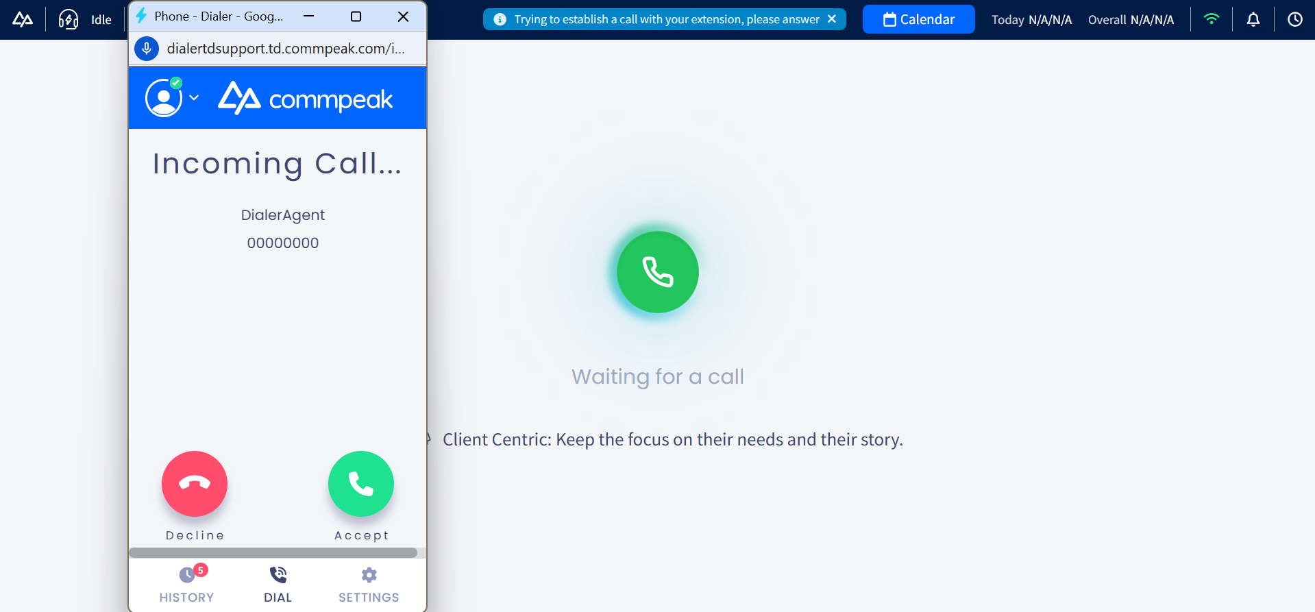 Screenshot of receiving incoming call in Predictive mode
