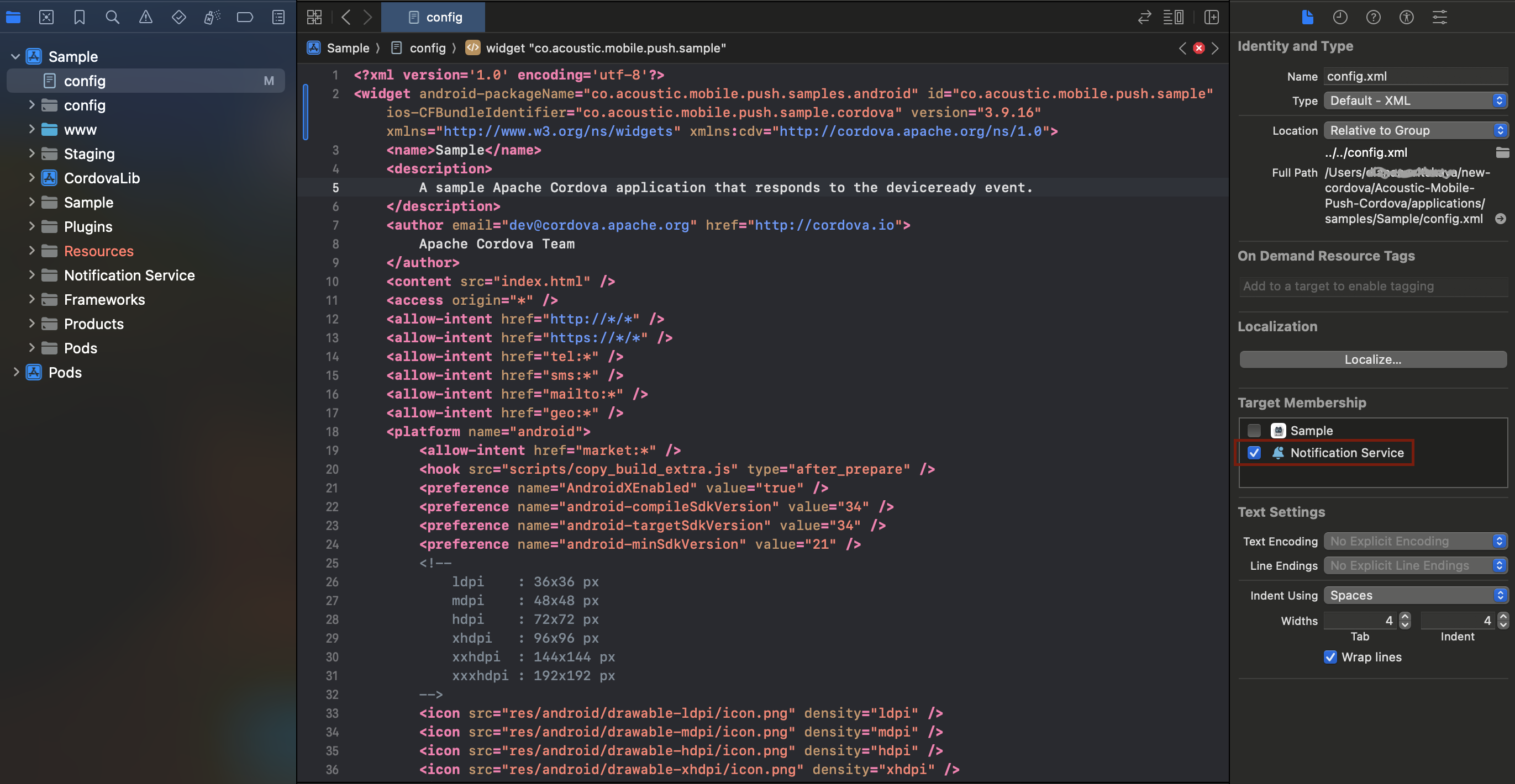 Target membership setting for config.xml