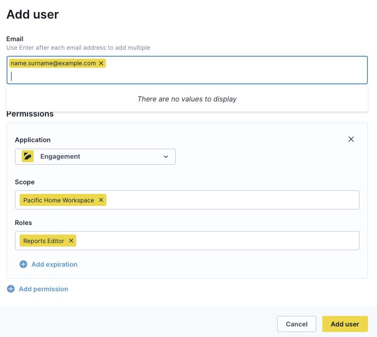 Completed Engagement user form showing email address, workspace selection with multiple projects, and assigned roles