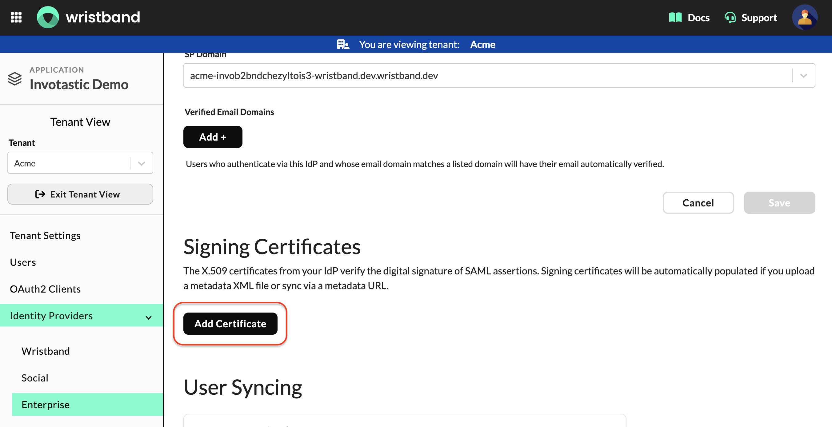 Wristband: Signing Certificates section with Add Certificate button