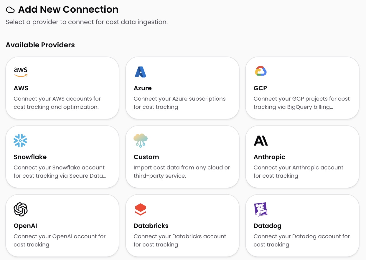 Add New Connection screen showing available provider tiles including Datadog