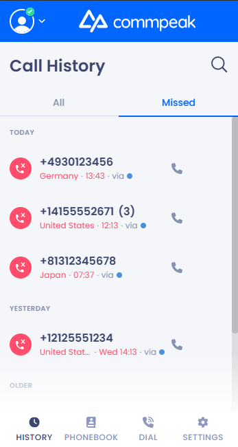 Screenshot of the **Call History** screen: **Missed** tab