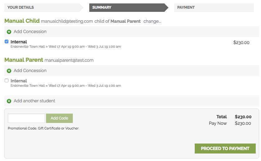 Summary page after the student has added their parent or guardian