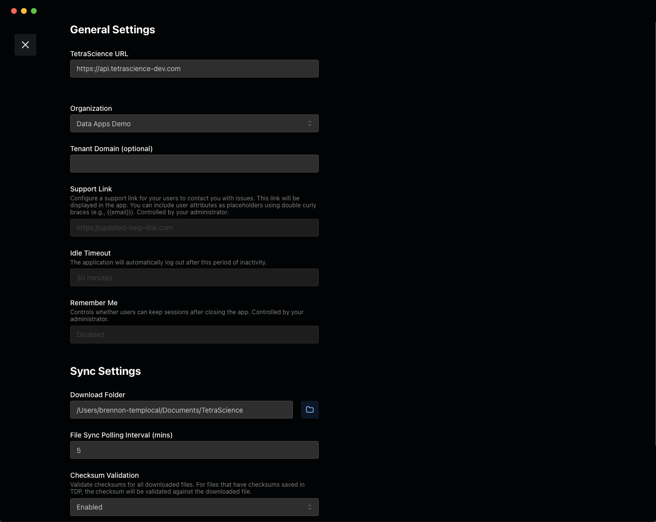 Settings page showing the General Settings and Sync Settings sections