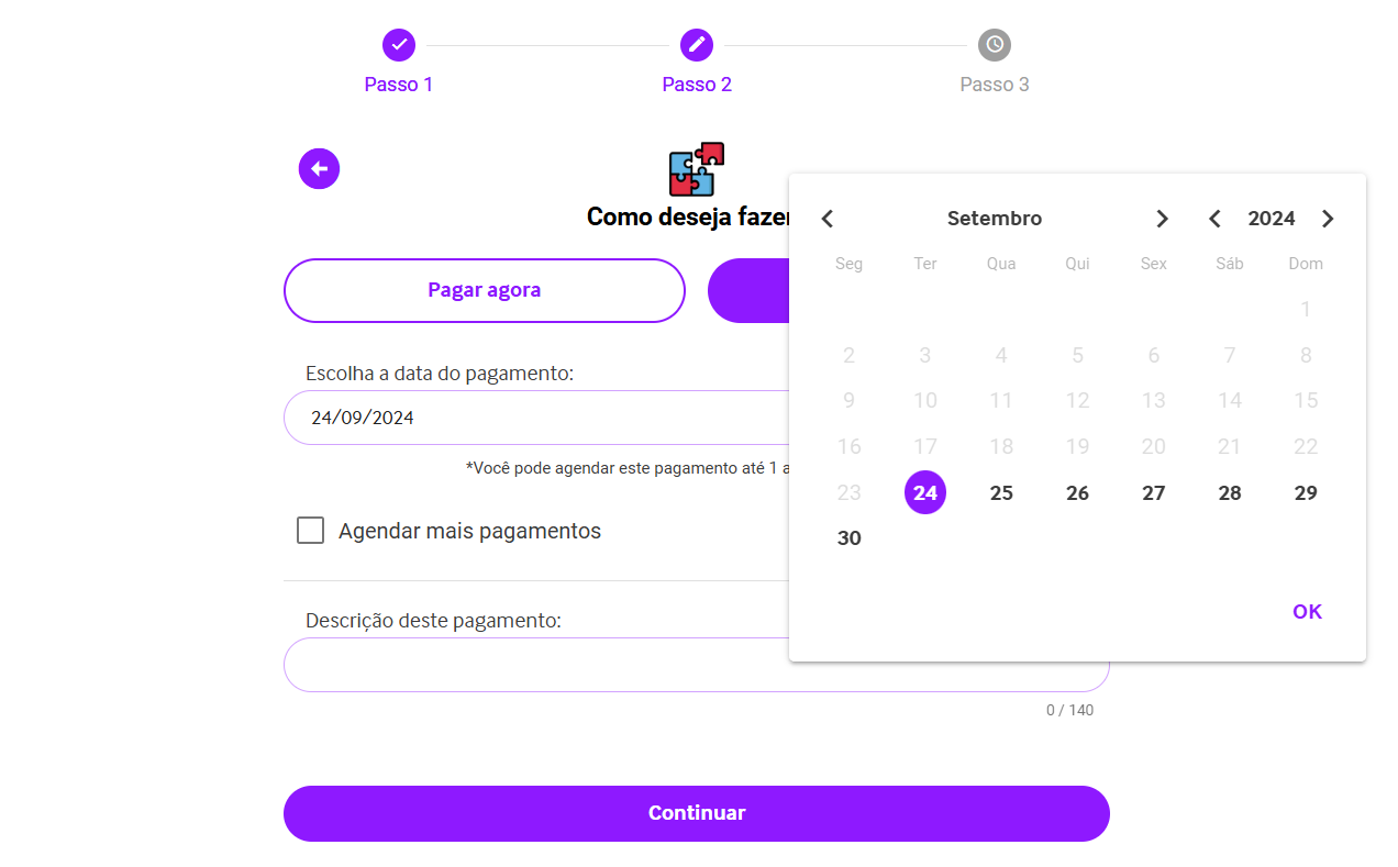 Calendário para escolher a data para o agendamento de pagamentos