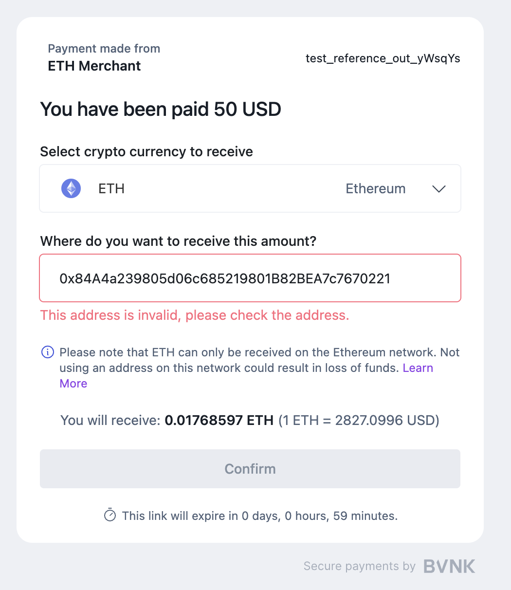 1.b If the address does not pass validation then a warning will be displayed and the payout confirm button cannot be selected.