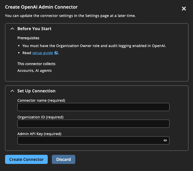 Settings to create an OpenAI Admin connector