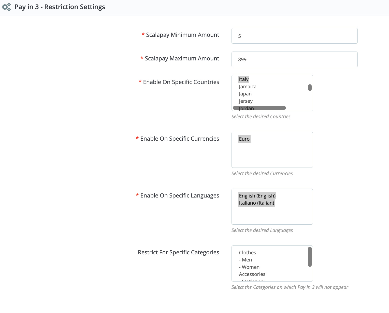 Restrictions settings