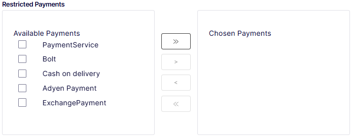 Restricted Payments dual-list control showing Available Payments and Chosen Payments panels