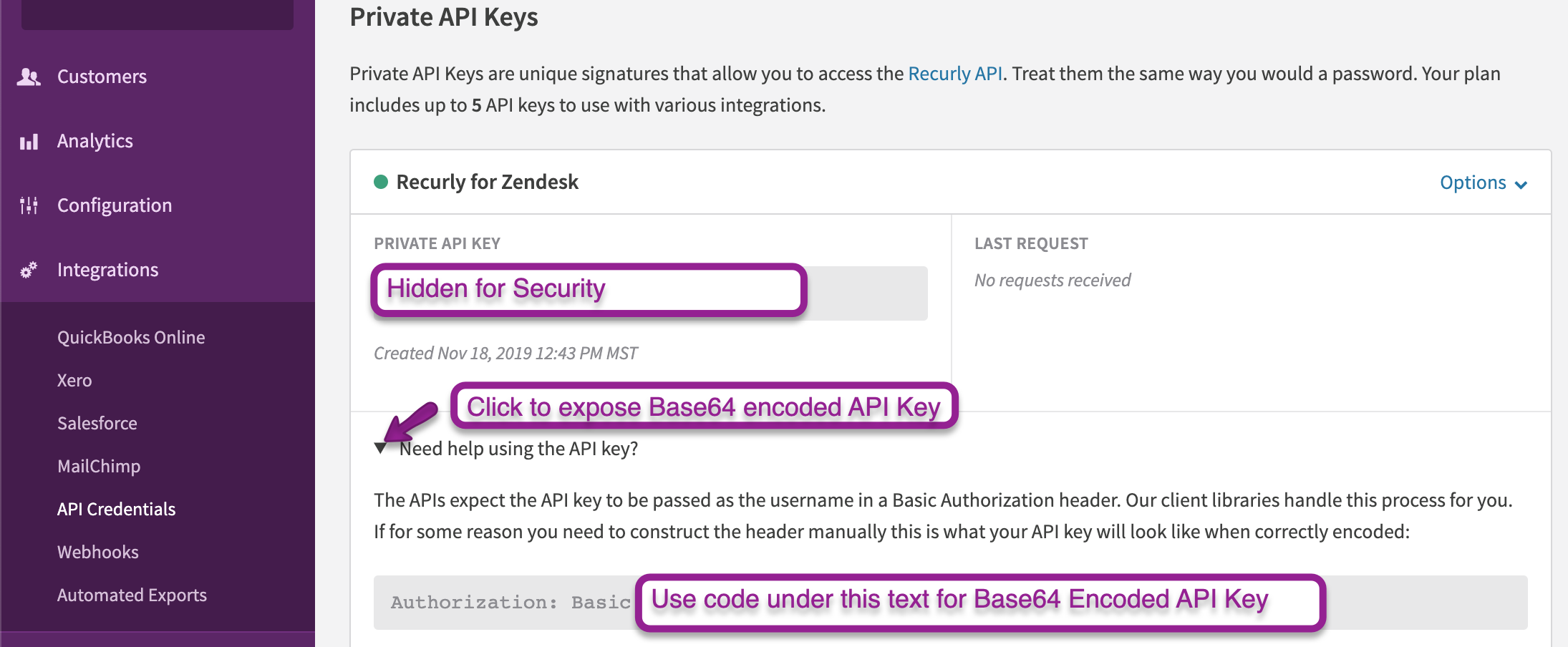 Access your Base64 encoded API key for Zendesk.