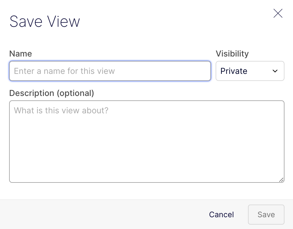 screenshot of the Save view dialog with Name, Visibility, and description fields