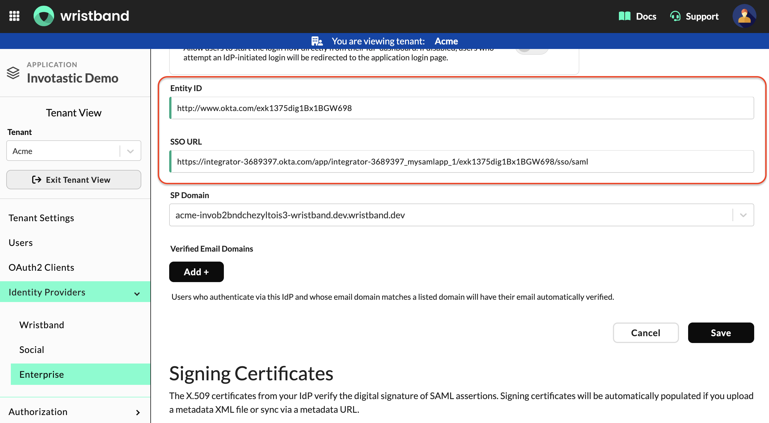 Wristband: IdP Settings form showing Entity ID and SSO URL fields