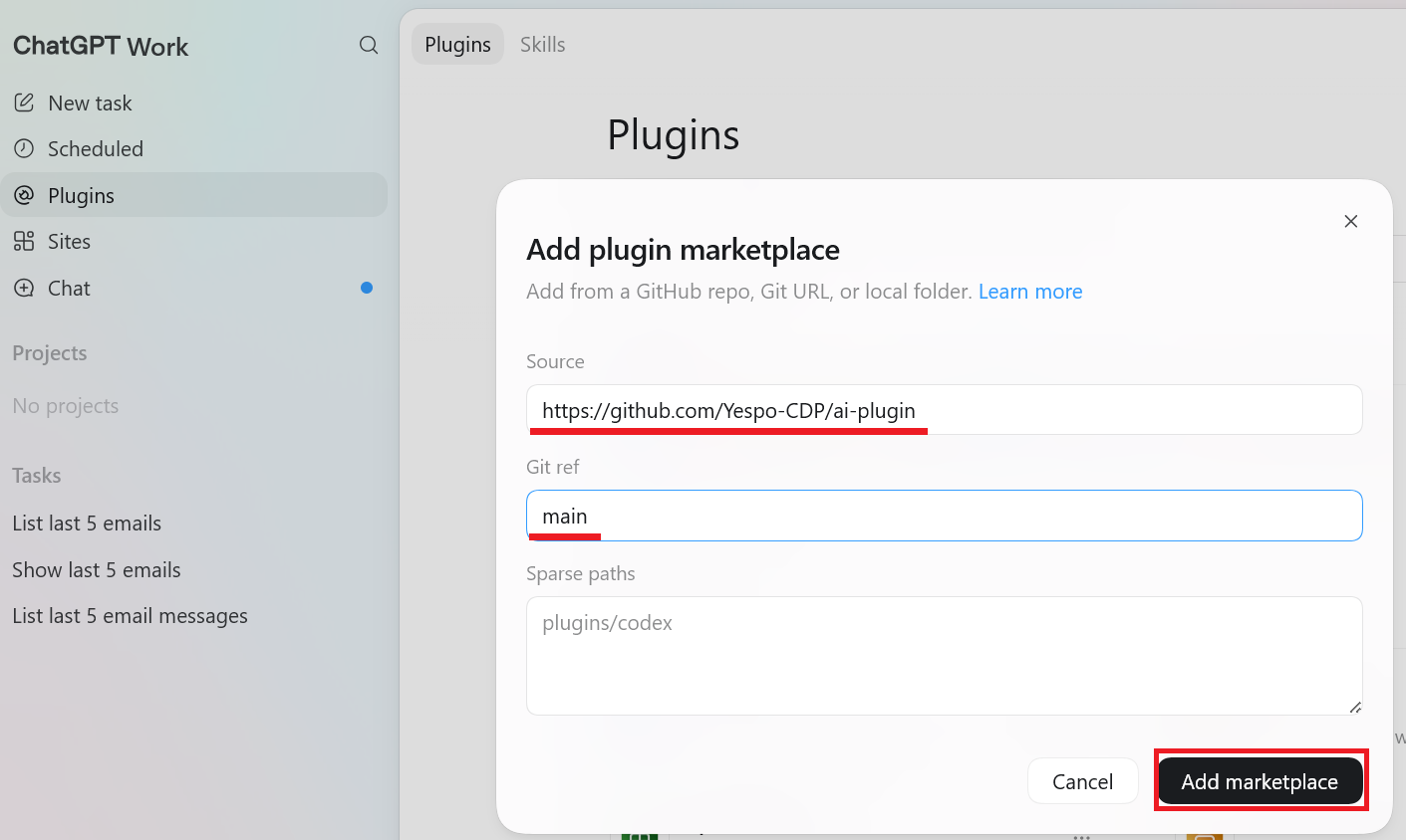 Add marketplace dialog with the Yespo source