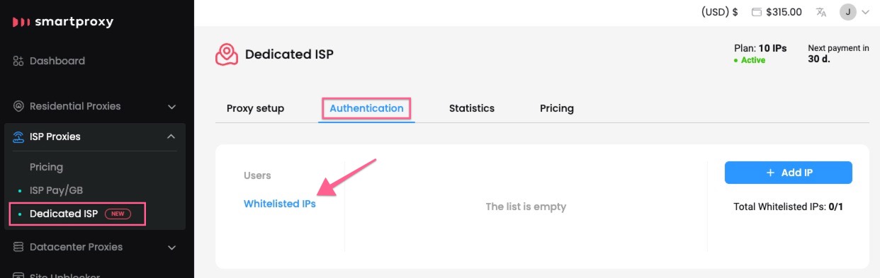 The Whitelisted IPs authentication section.