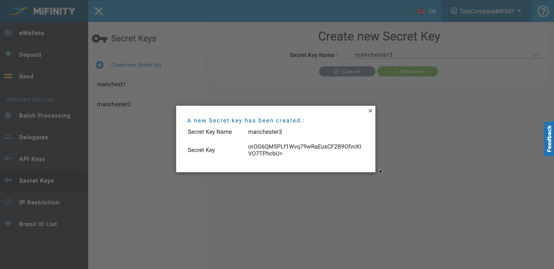 Secret key list showing newly created key