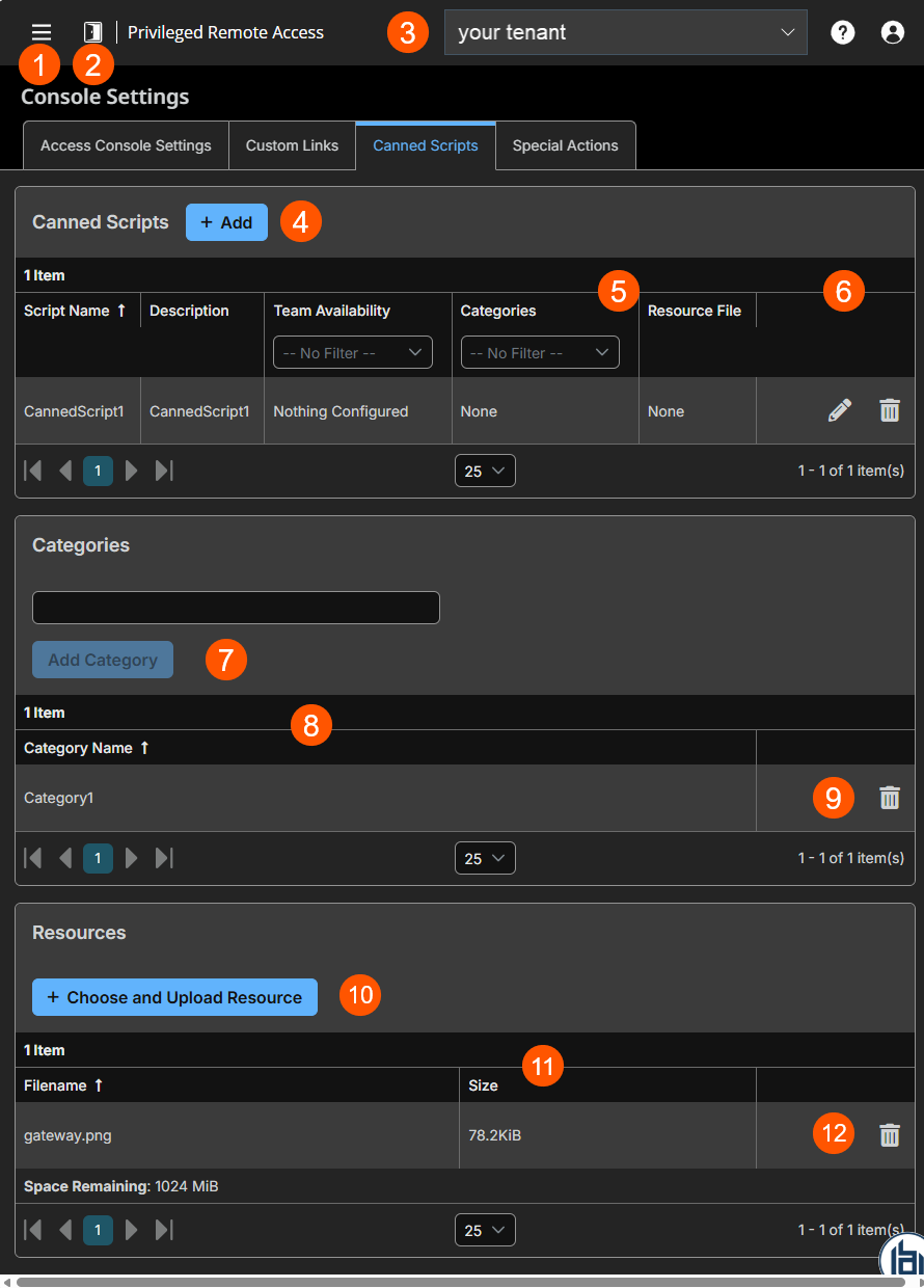 An image of BeyondTrust Privileged Remote Access interface showing the 'Console Settings' page with the 'Canned Scripts' tab selected. The page includes sections for Canned Scripts, Categories, and Resources. In the Canned Scripts section, there is one script listed with details such as Script Name (IP Config), Description (View the IP configuration details), Team Availability (Available to All Users), Categories (Troubleshooting), and Resource File (None). The Categories section lists two items: Remote Share and Troubleshooting. The Resources section shows one item with Filename 'ResourceFile.txt', Size 121 bytes, and space remaining of 1024 MiB.