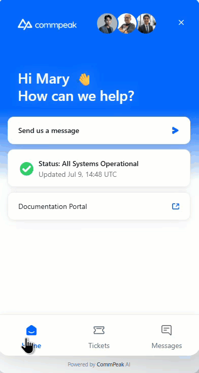Screenshot of the Support widget Home page