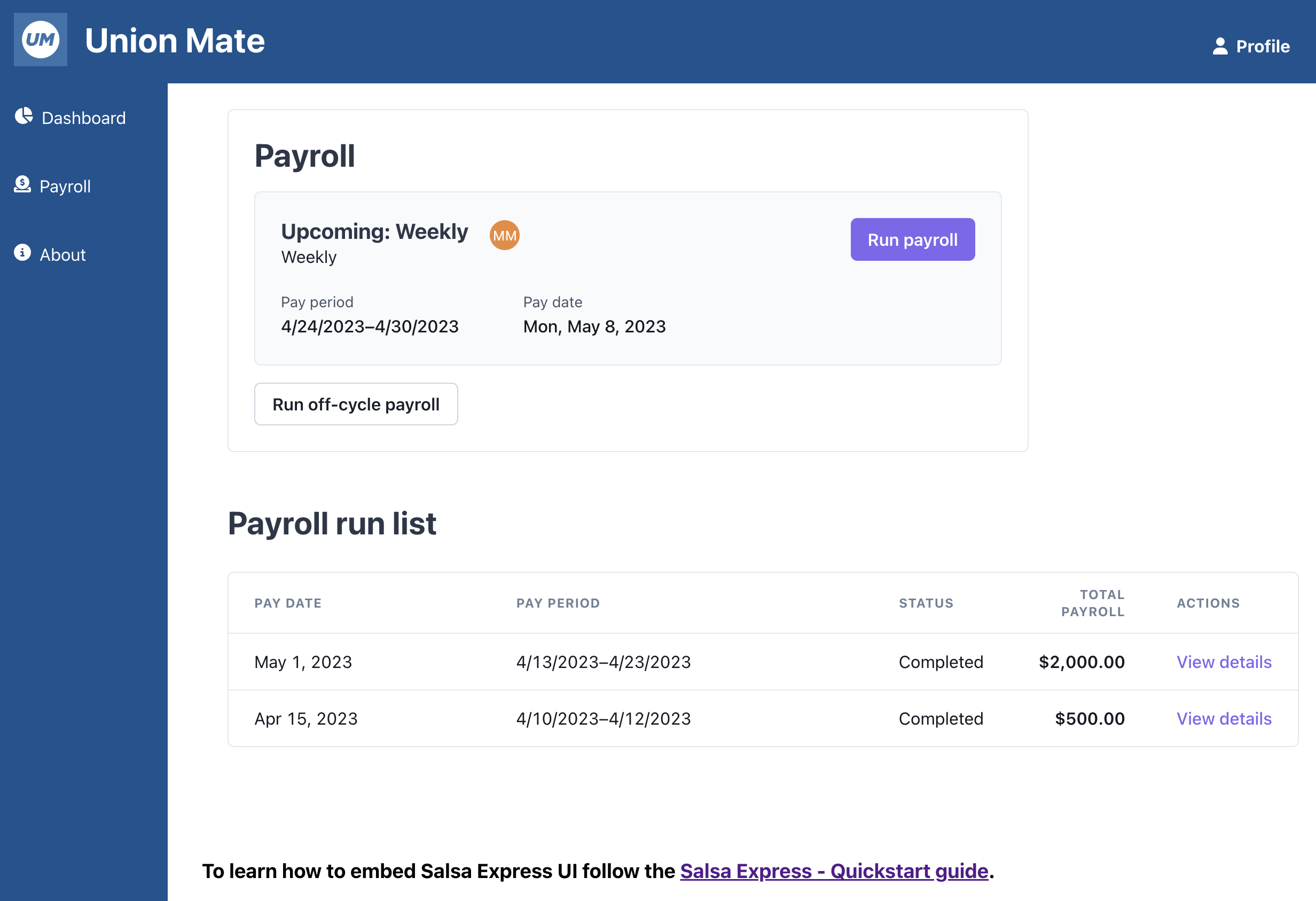 Employer dashboard embedded in sample app