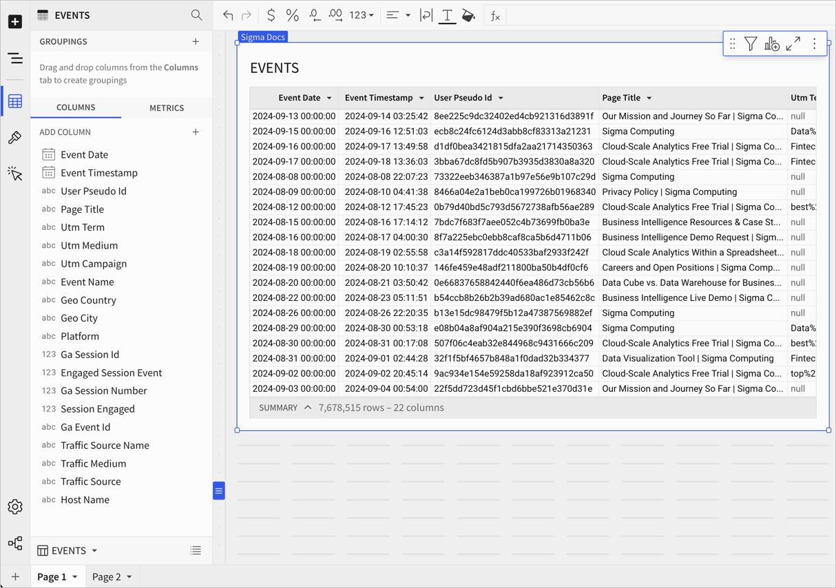 Events table selected on the workbook canvas with the editor panel open to the element properties.