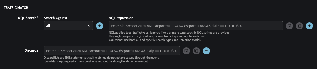 Traffic Match section of Detection Model configuration