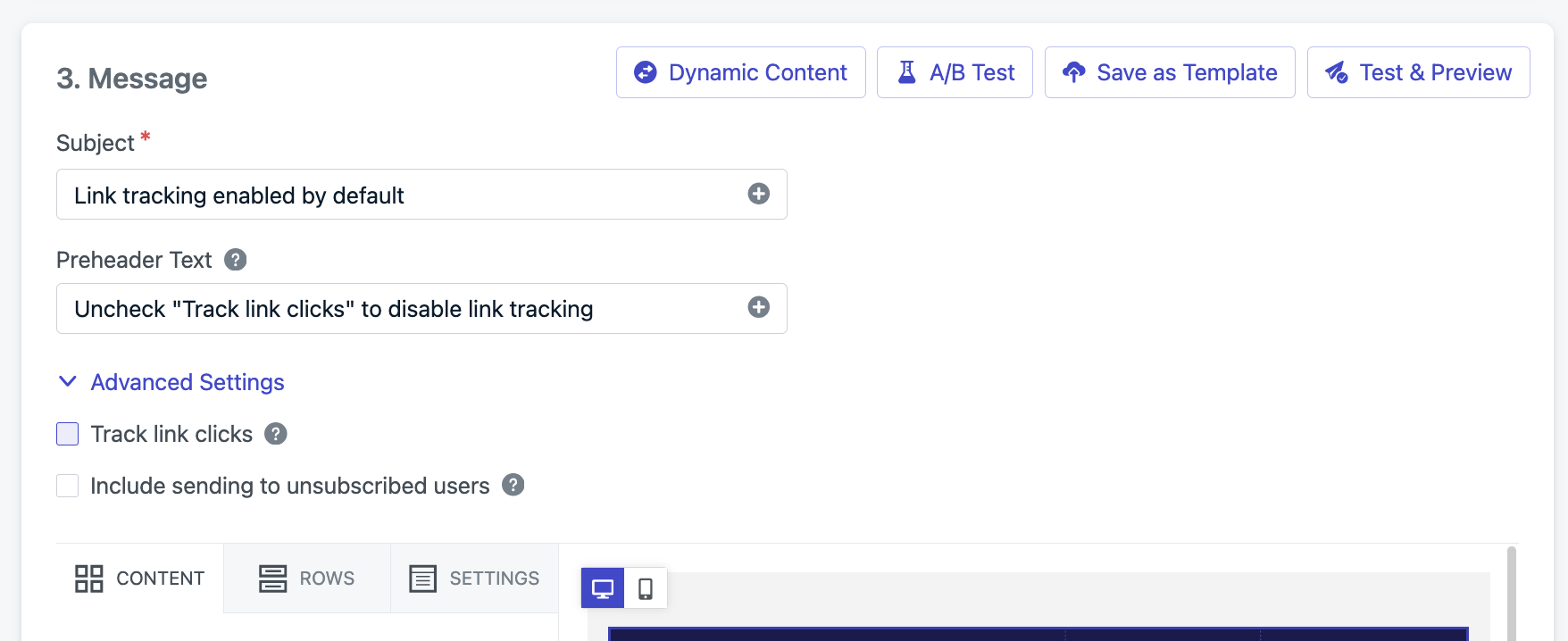 Track link clicks is enabled. Uncheck this box to disable link tracking.