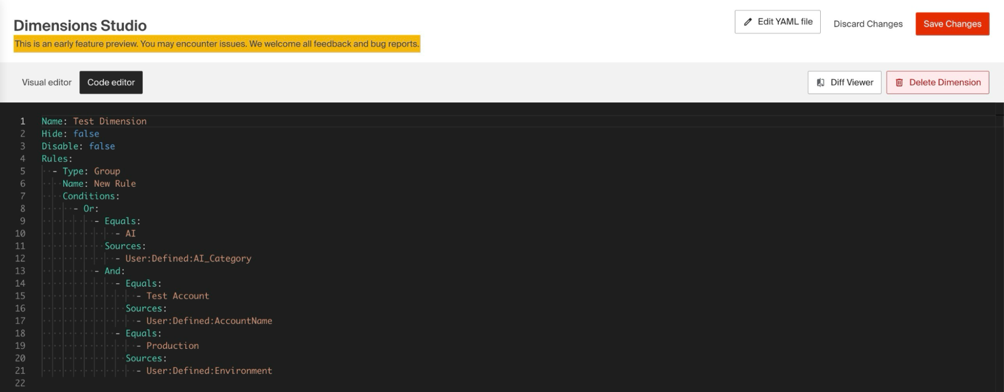 Dimensions Studio code tab