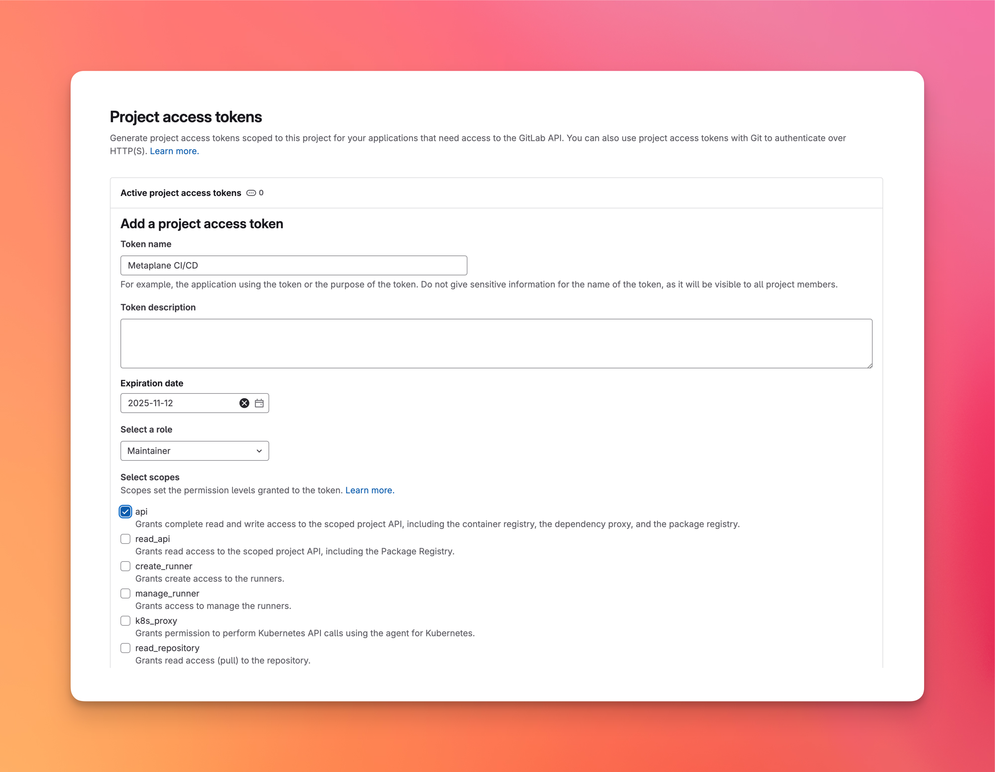 Access token settings in GitLab