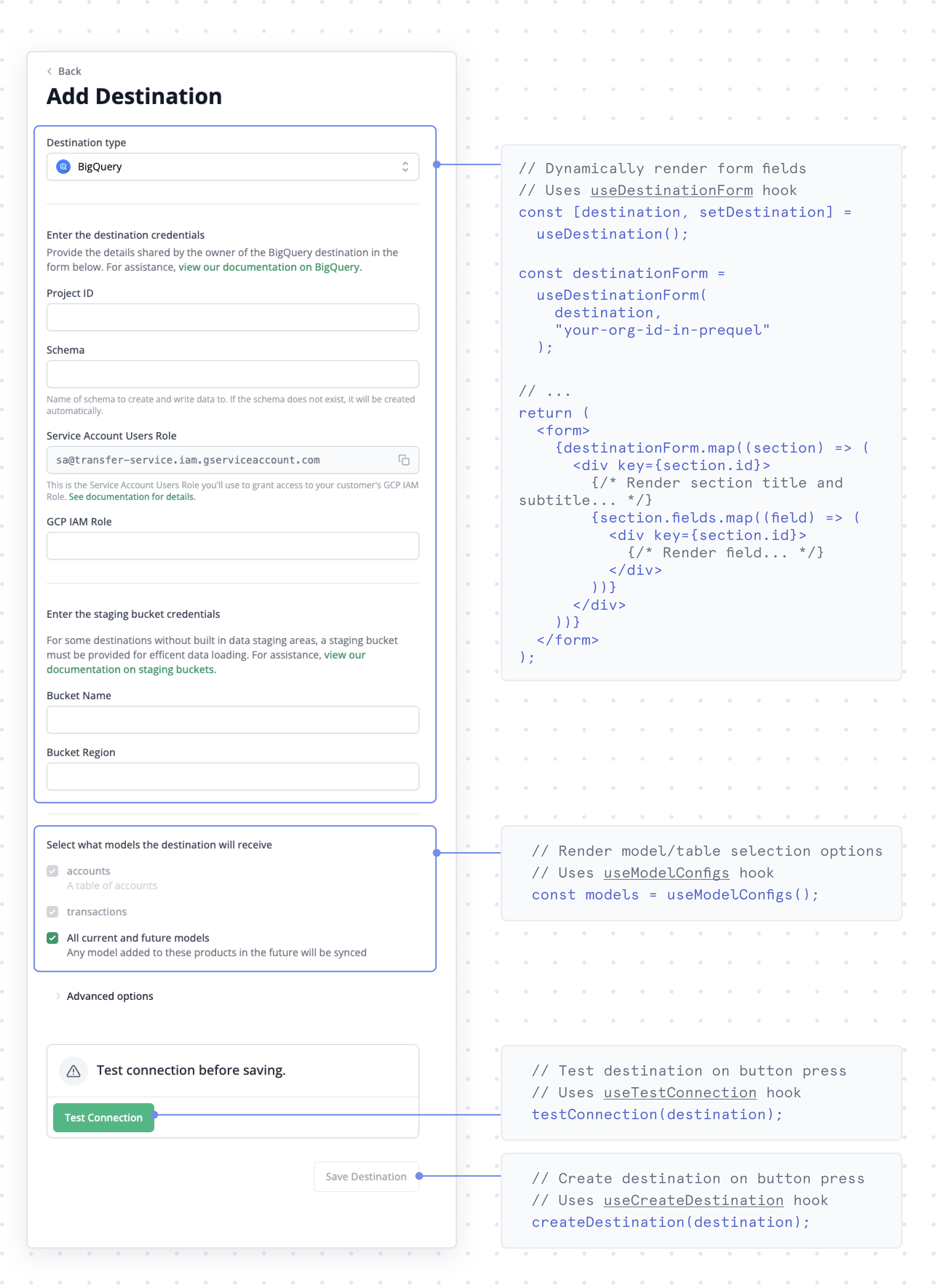 Sample "Add Destination" form powered by Prequel's React SDK.