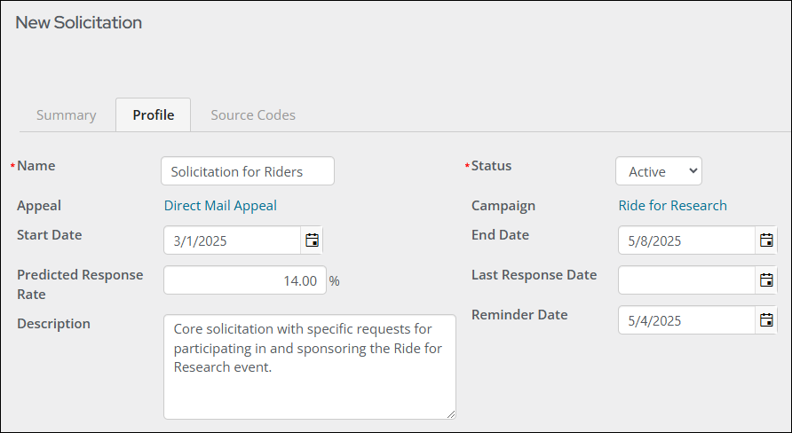 The Profile tab of the new solicitation contains the details listed in step six.