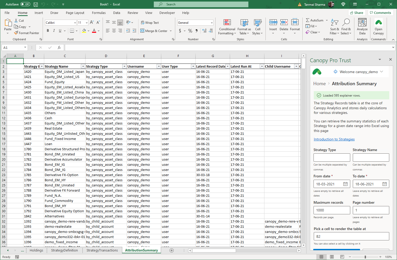 Attribution Summary as retrieved from the Excel Add-in