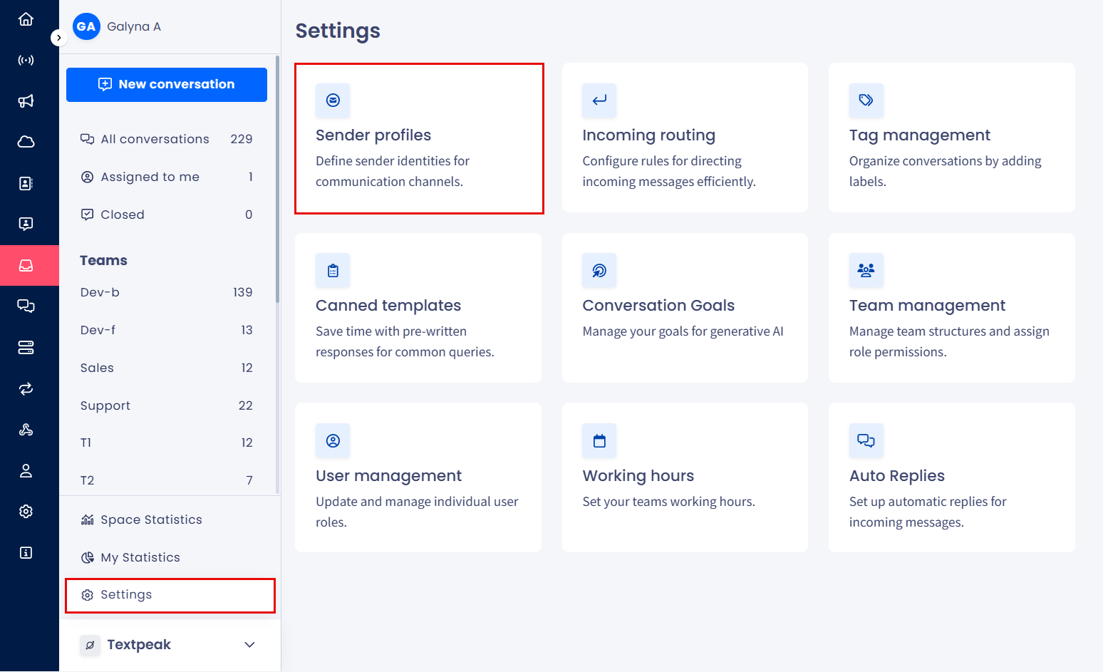 Screenshot of the Sender Profiles page