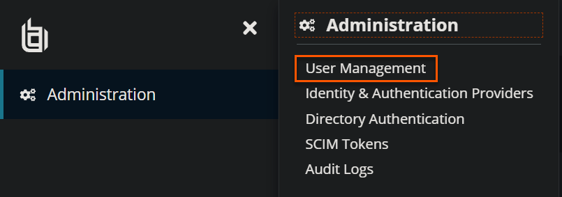 Navigation menu with Administration expanded and User Management selected.